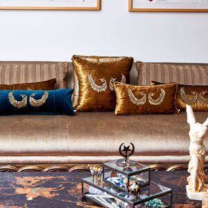 Handmade Accent Pillow with Gold Embroidery